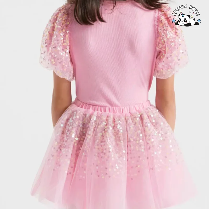 LEZONKIDS - Summer Casual Two Piece Set Sequin Printed T-Shirt with Skirt Girl Clothes Girls Clothing Sets